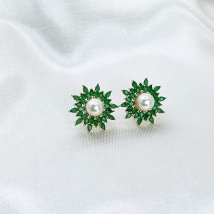 Brinco Girassol Zircônia Verde Esmeralda com Pérola
